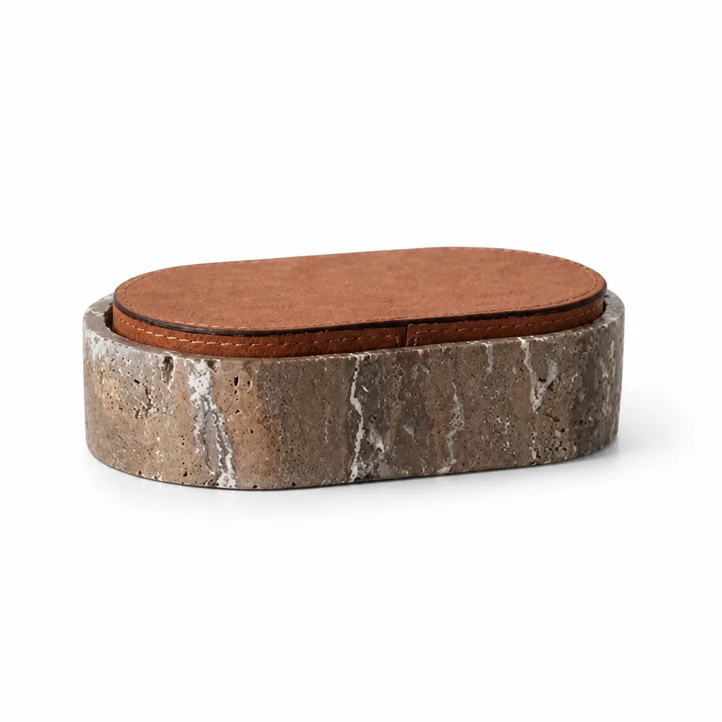 Jewelry Storage Box Travertine Stone & PU Leather Lid