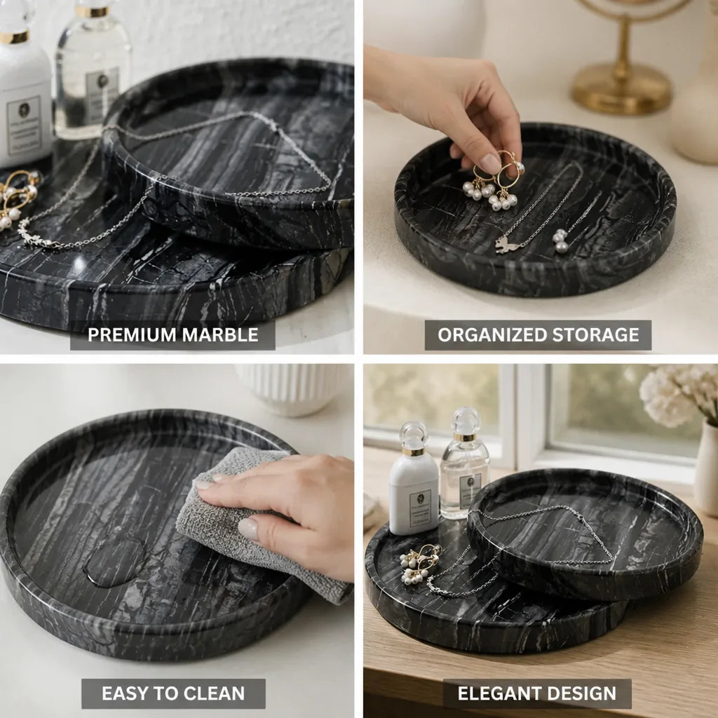 Jewelry Tray Round Black Marble Antique Style Multiple Sizes