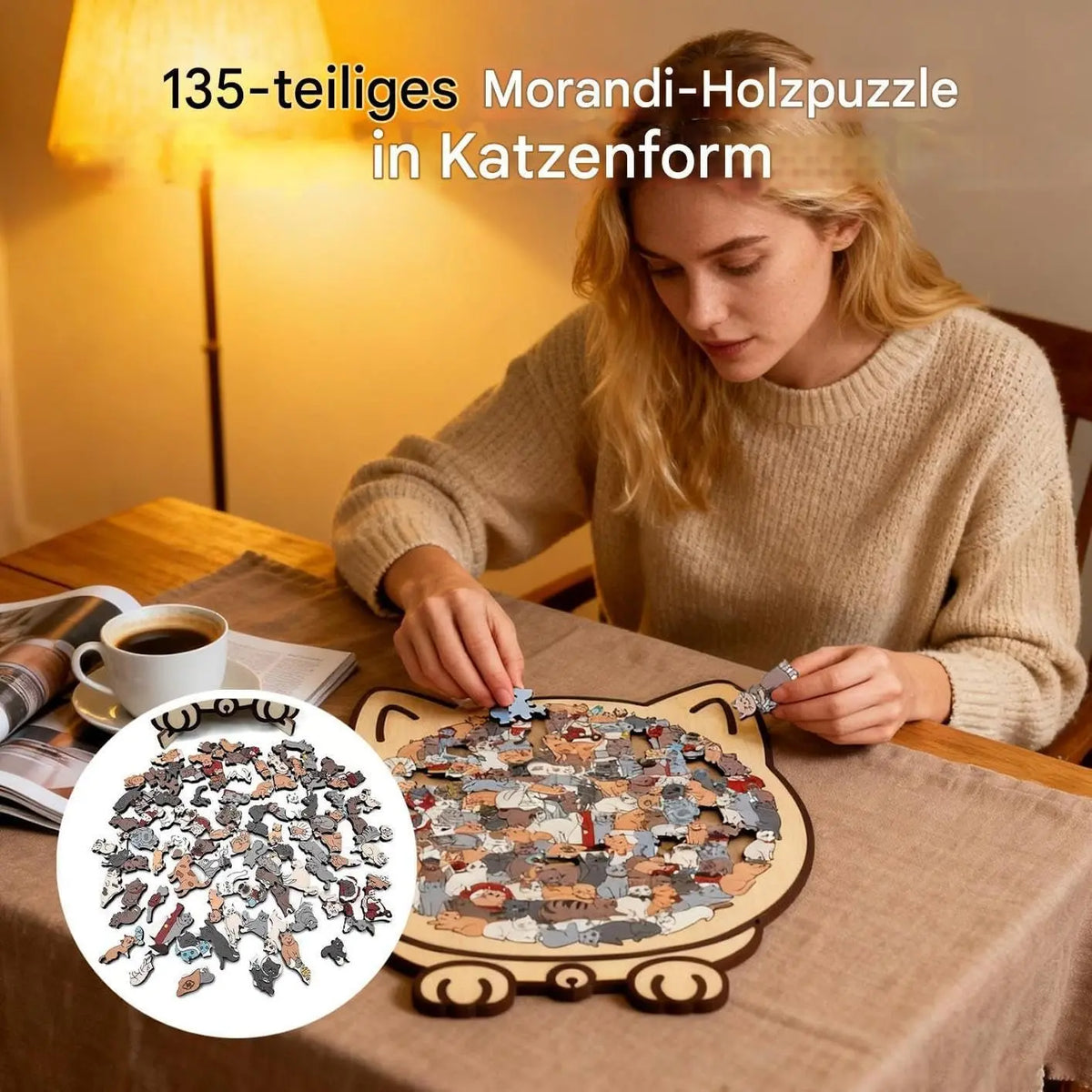 Jigsaw Puzzle Wooden 135 Piece Cat Silhouette Morandi Colors