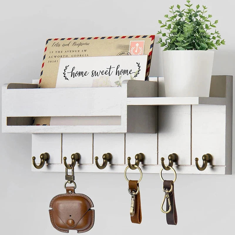 Key Rack Wall-Mounted Wood Shelf & 6 Metal Hooks
