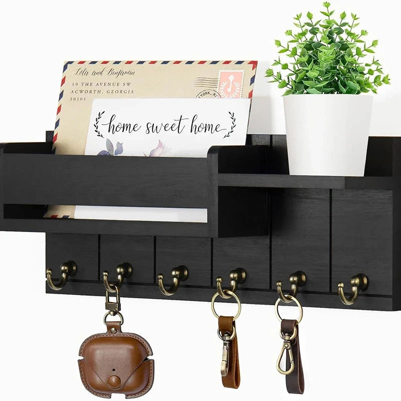 Key Rack Wall-Mounted Wood Shelf & 6 Metal Hooks