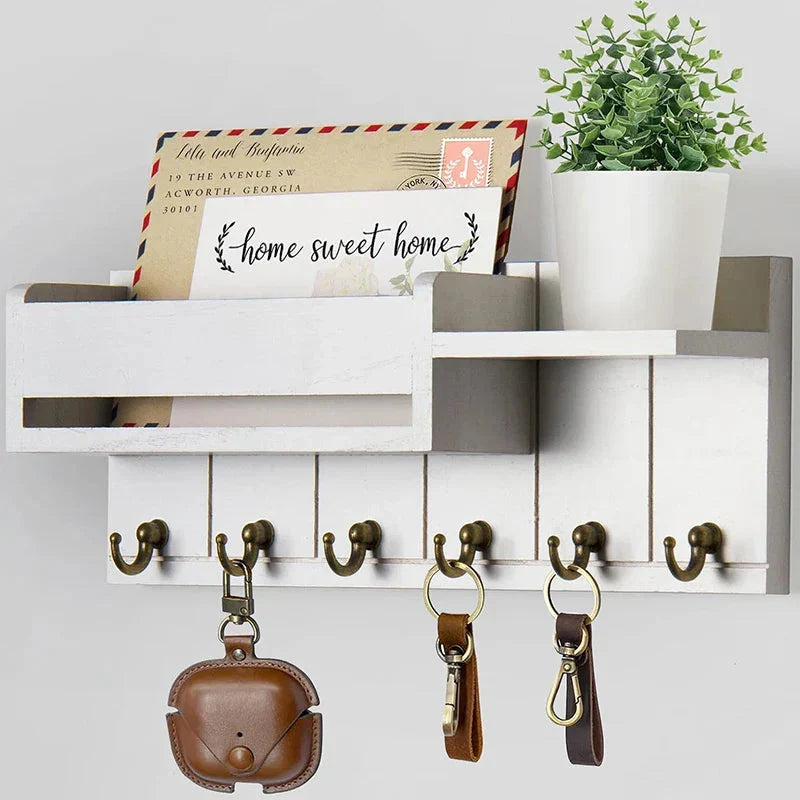 Key Rack Wall-Mounted Wood Shelf & 6 Metal Hooks