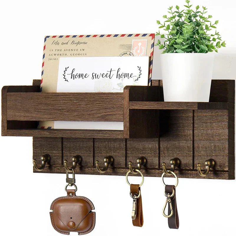 Key Rack Wall-Mounted Wood Shelf & 6 Metal Hooks