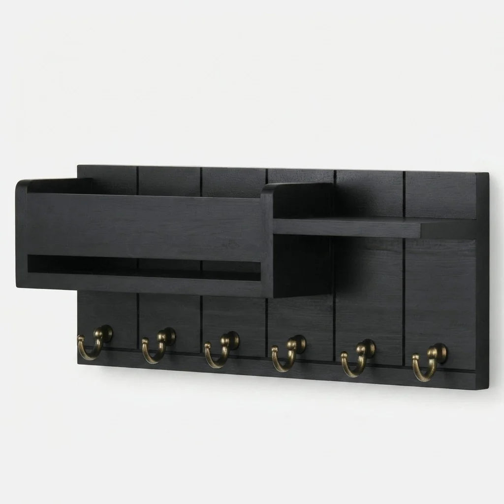 Key Rack Wall-Mounted Wood Shelf & 6 Metal Hooks