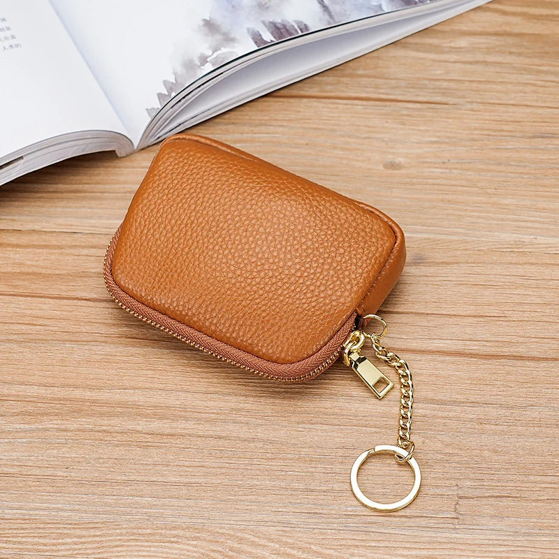 Keychain Pouch Leather Zipper Closure Compact Design