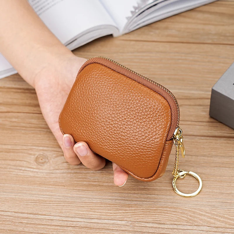 Keychain Pouch Leather Zipper Closure Compact Design