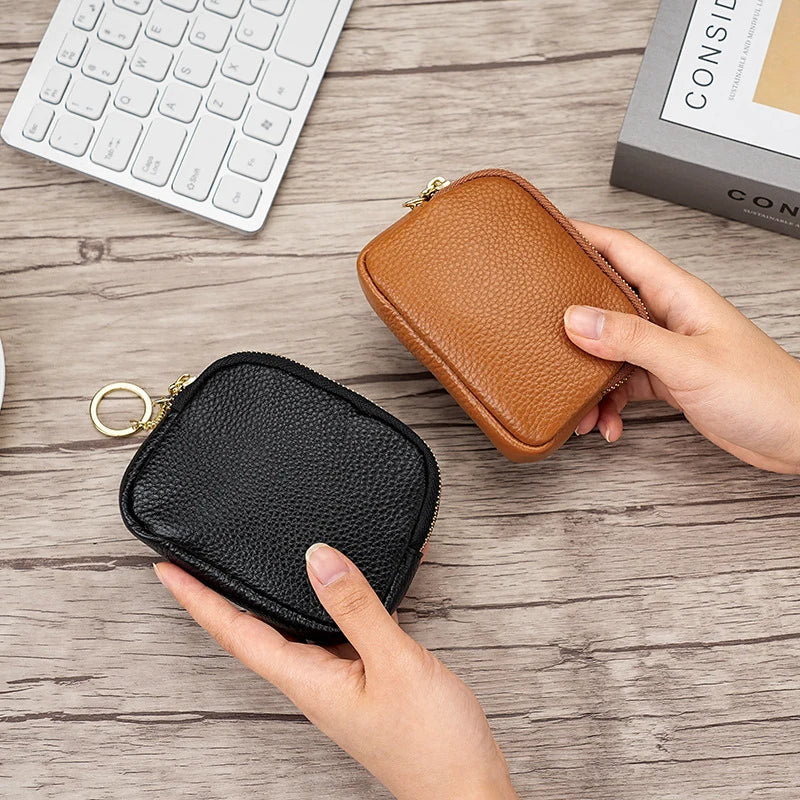 Keychain Pouch Leather Zipper Closure Compact Design