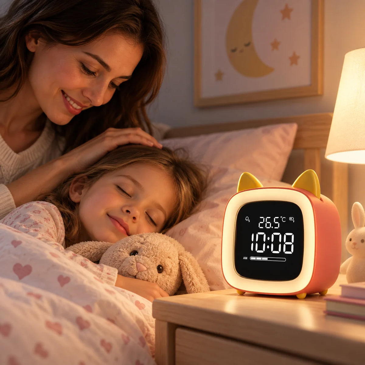 Kids Alarm Clock USB-C Rechargeable Dimmable Night Light