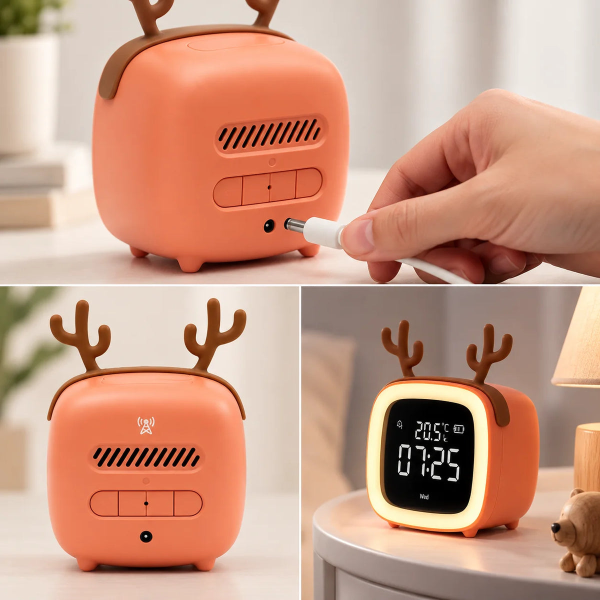 Kids Alarm Clock USB-C Rechargeable Dimmable Night Light