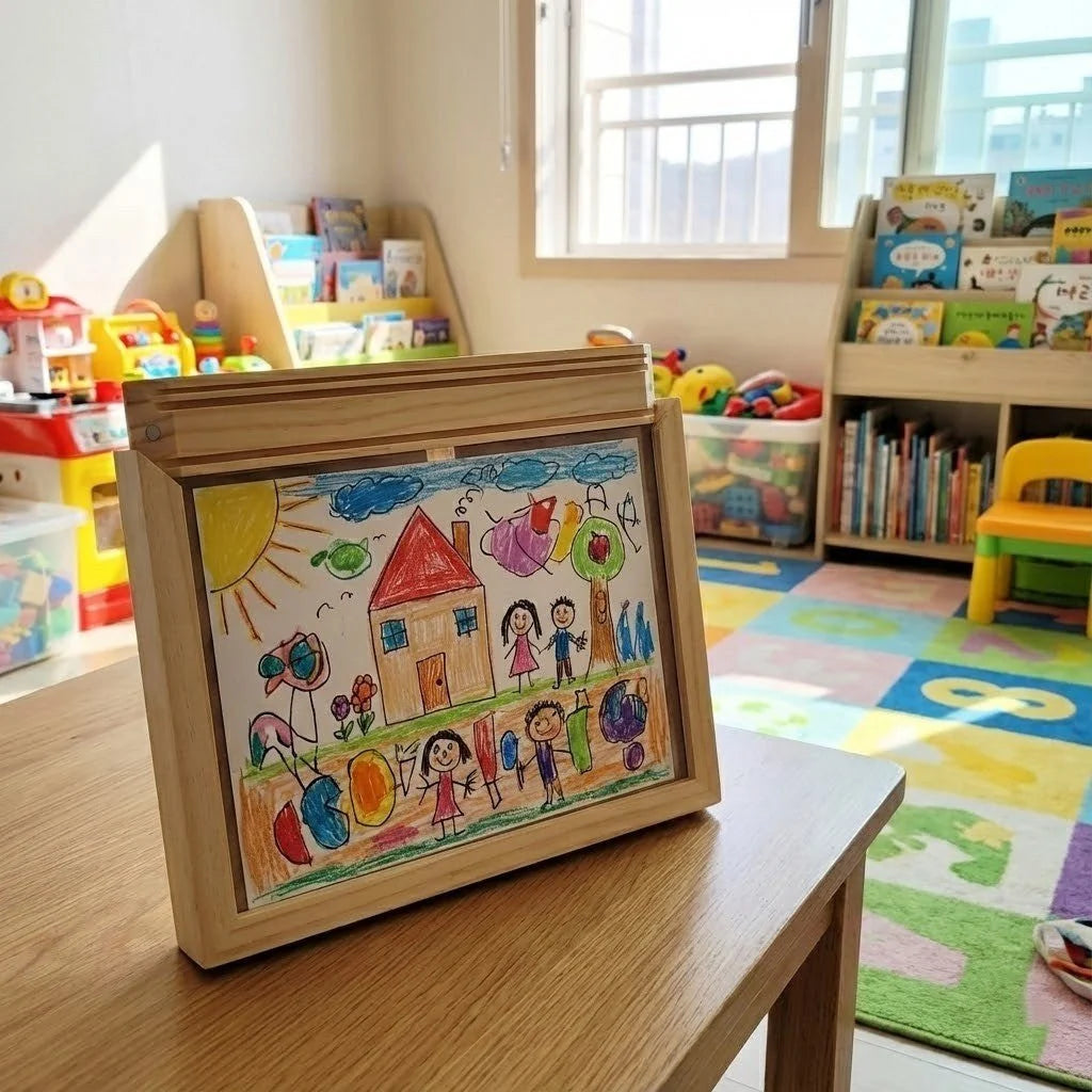 Kids Artwork Display Frame Wooden Front-Opening With Storage for Multiple Drawings