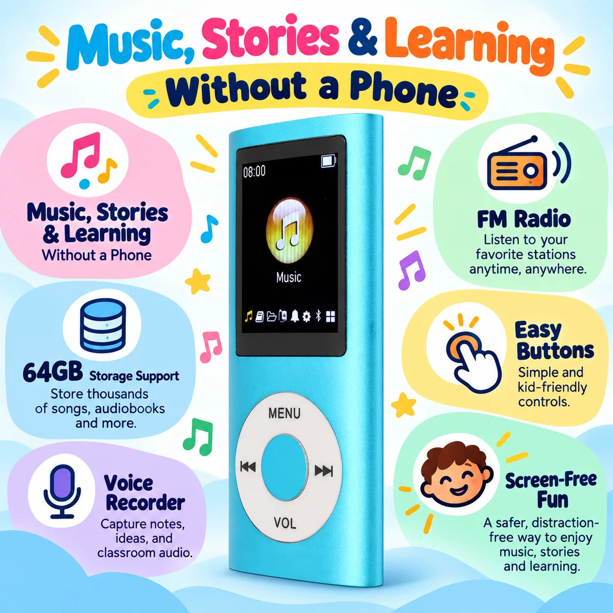 Kids Audio Player Phone-Free Earphones Included