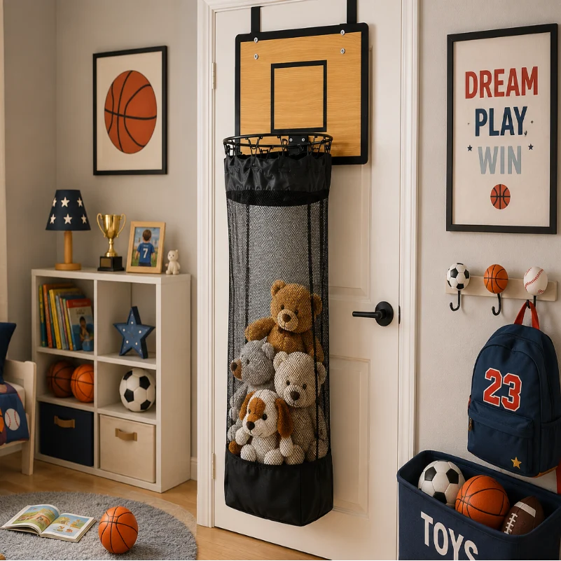 Kids Hanging Organizer Basketball Hoop Foldable Mesh Bag