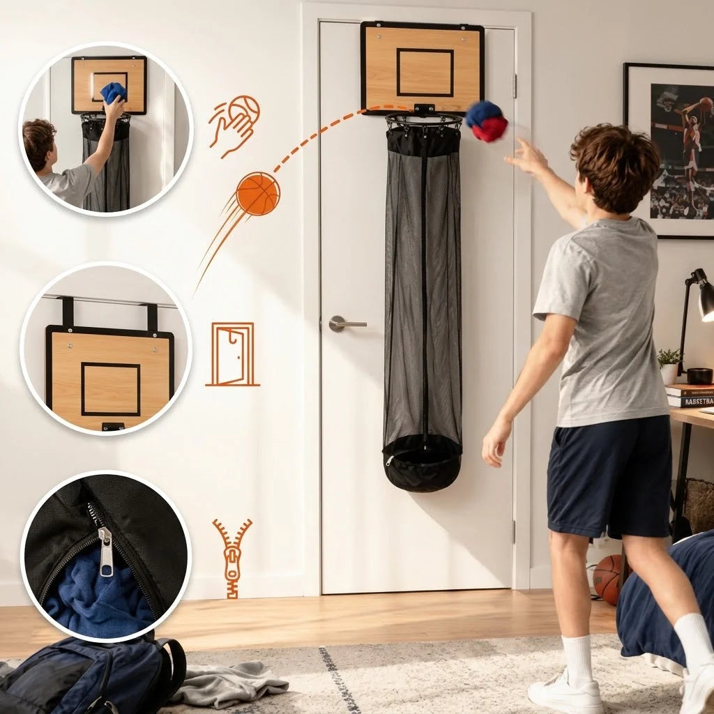 Kids Hanging Organizer Basketball Hoop Foldable Mesh Bag