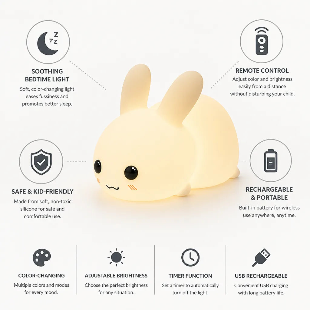 Kids Night Light Bunny Color-Changing Remote & Rechargeable
