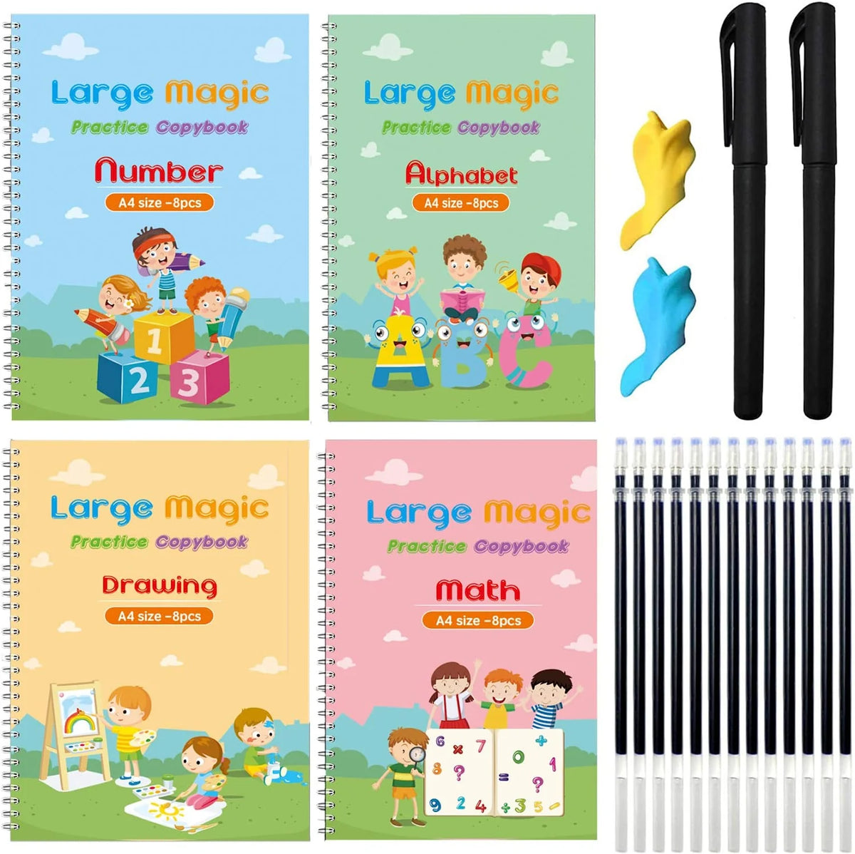 Kids Writing Workbook Set 4-Pack With Ergonomic Pen Holder
