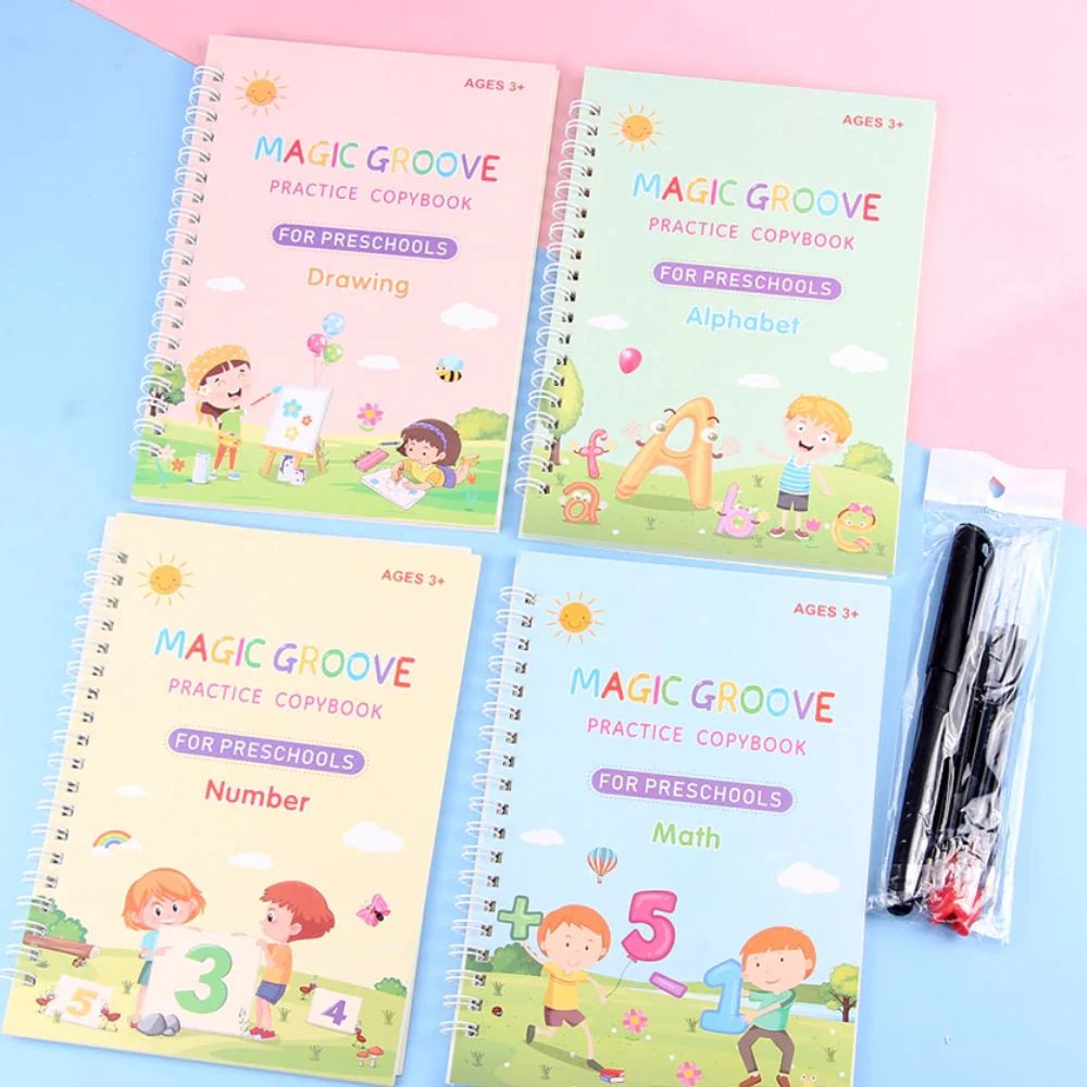 Kids Writing Workbook Set 4-Pack With Ergonomic Pen Holder