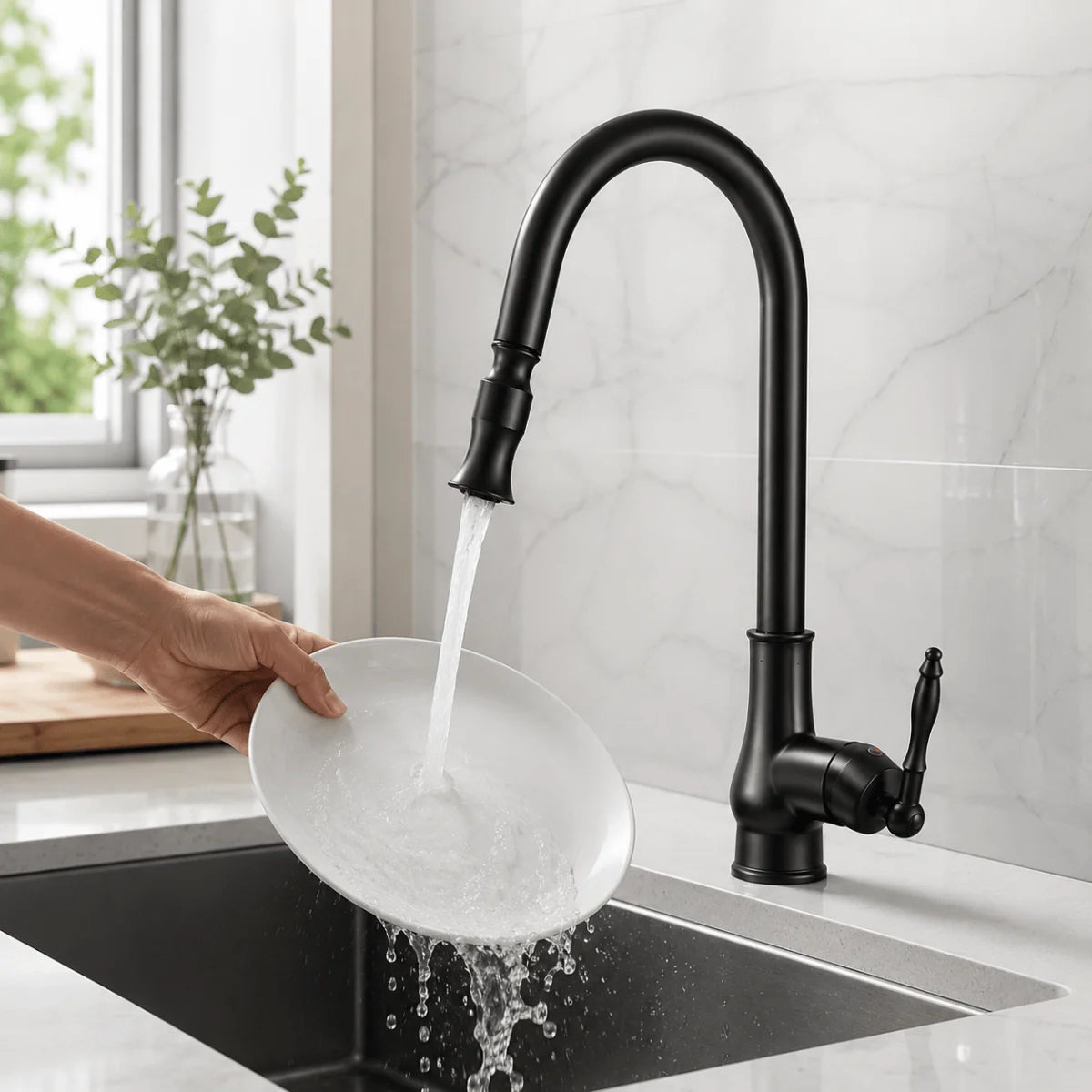 Kitchen Faucet Solid Brass Pull-Out Spray Head Antique Bronze Finish
