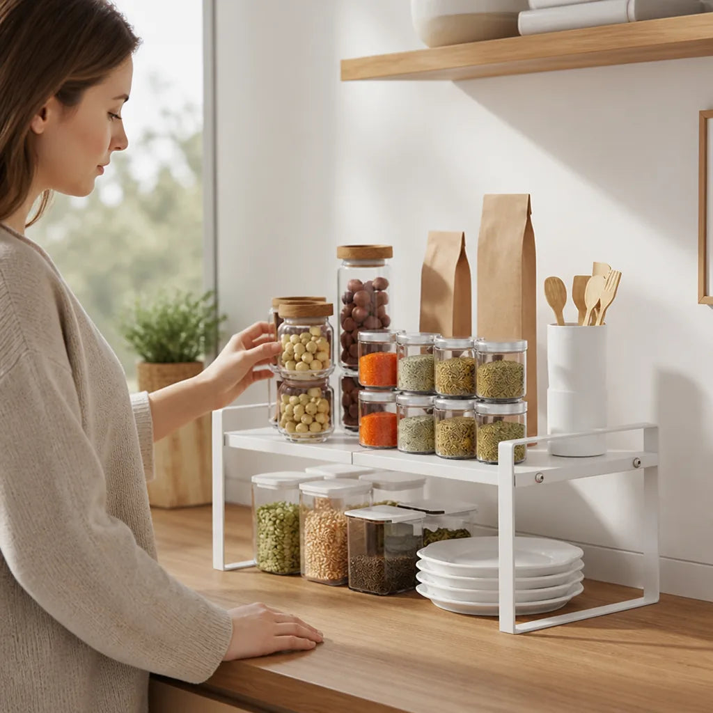 Kitchen Organizer Shelf Adjustable Two-Tier Powder-Coated Steel