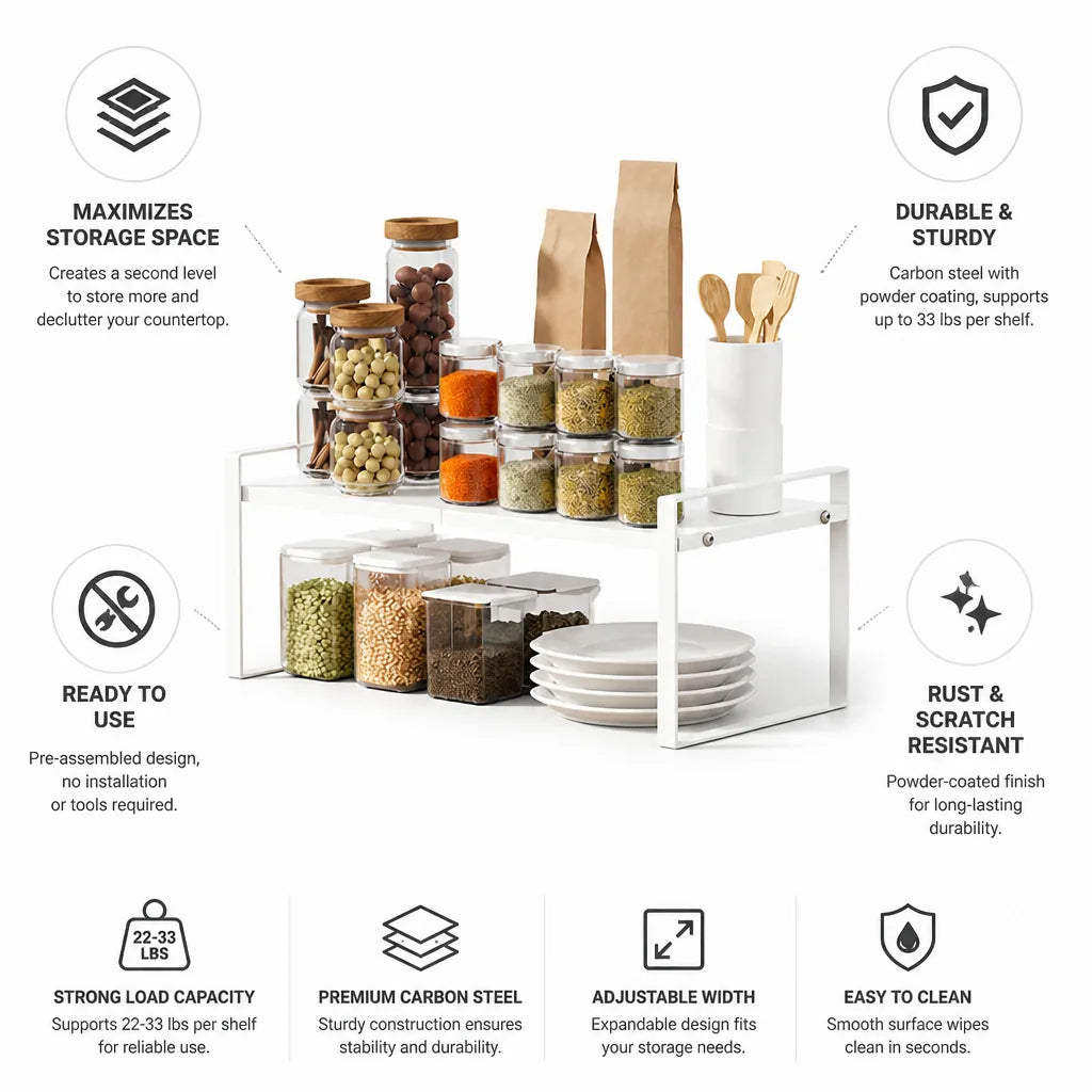 Kitchen Organizer Shelf Adjustable Two-Tier Powder-Coated Steel