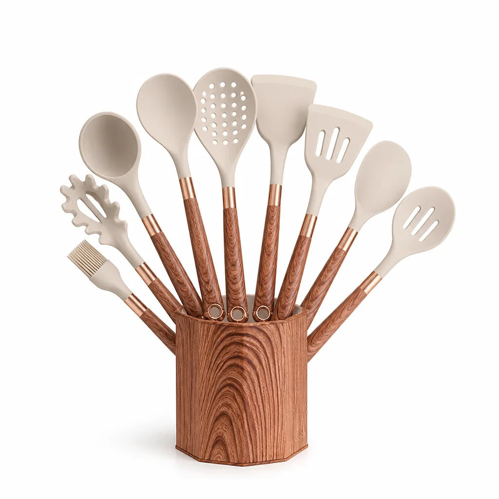 Kitchen Utensil Set Heat-Resistant Silicone 10-Piece Octagonal Storage Pot
