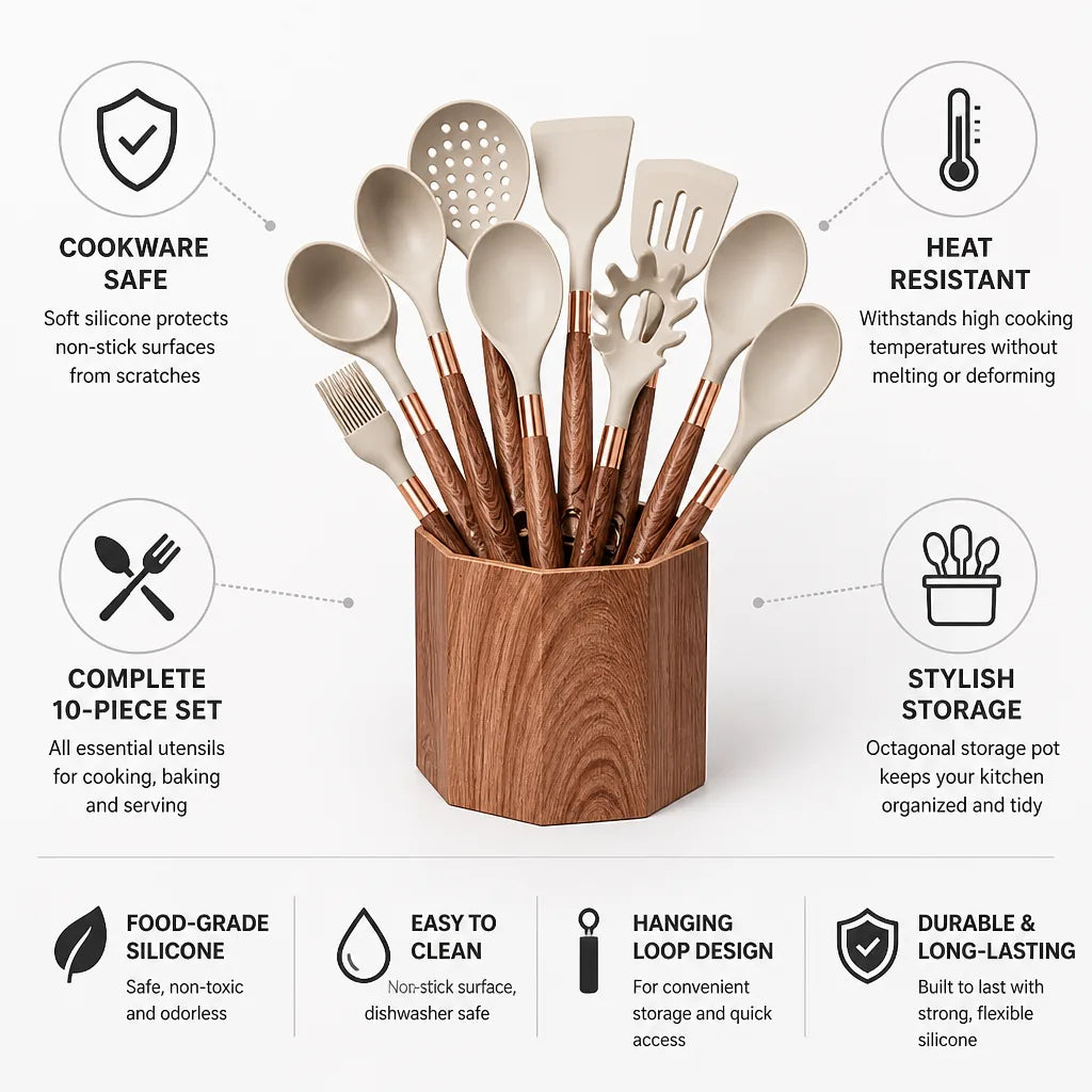 Kitchen Utensil Set Heat-Resistant Silicone 10-Piece Octagonal Storage Pot