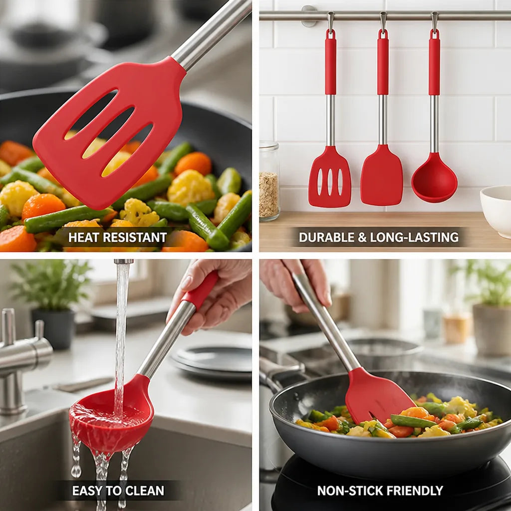 Kitchen Utensil Set Heat-Resistant Silicone Heads & Stainless Handles