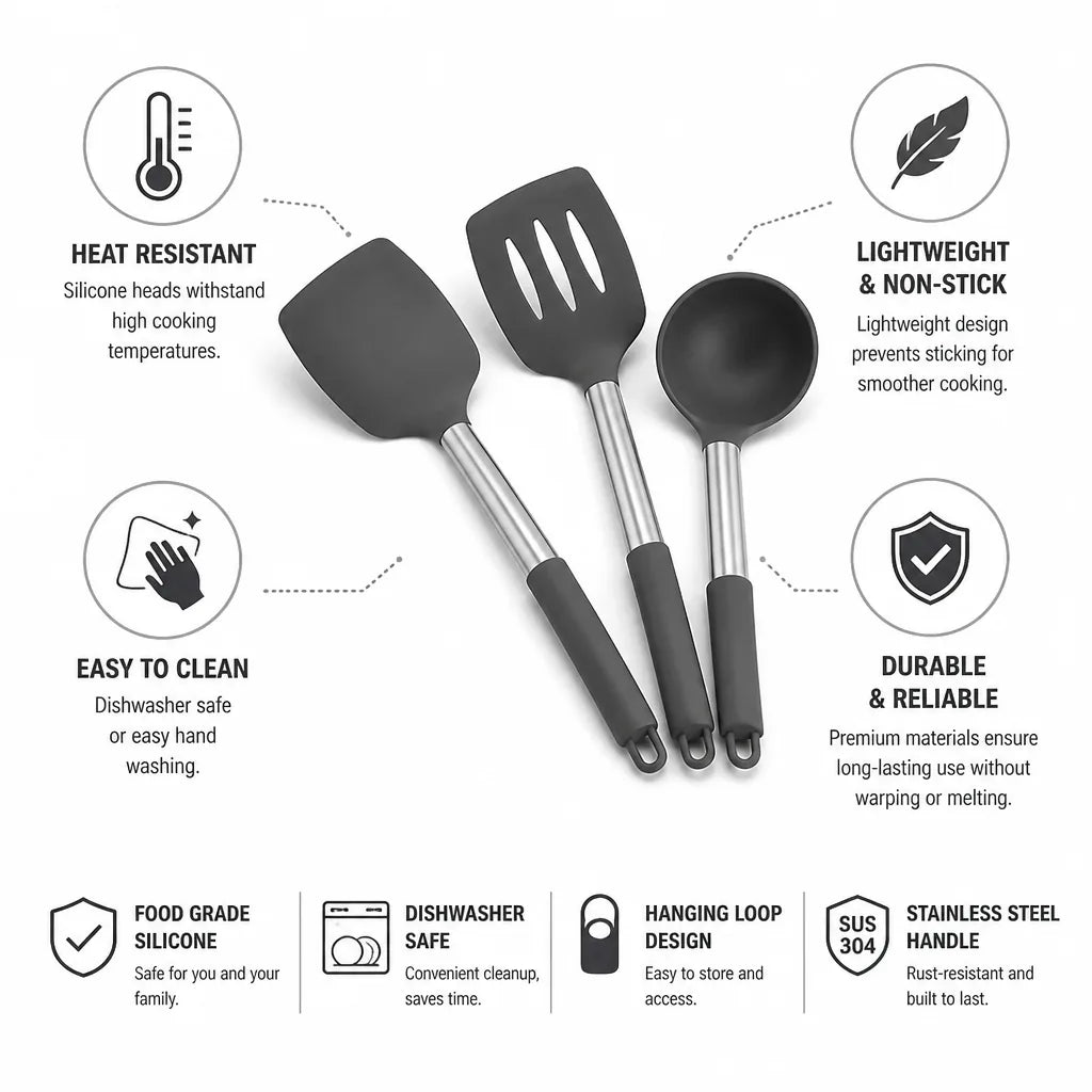 Kitchen Utensil Set Heat-Resistant Silicone Heads & Stainless Handles