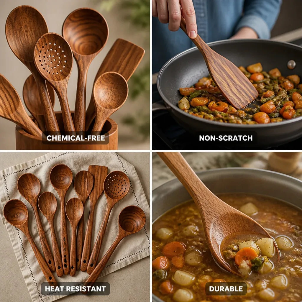 Kitchen Utensil Set Teak Wood Heat-Resistant Non-Scratch Set of 7
