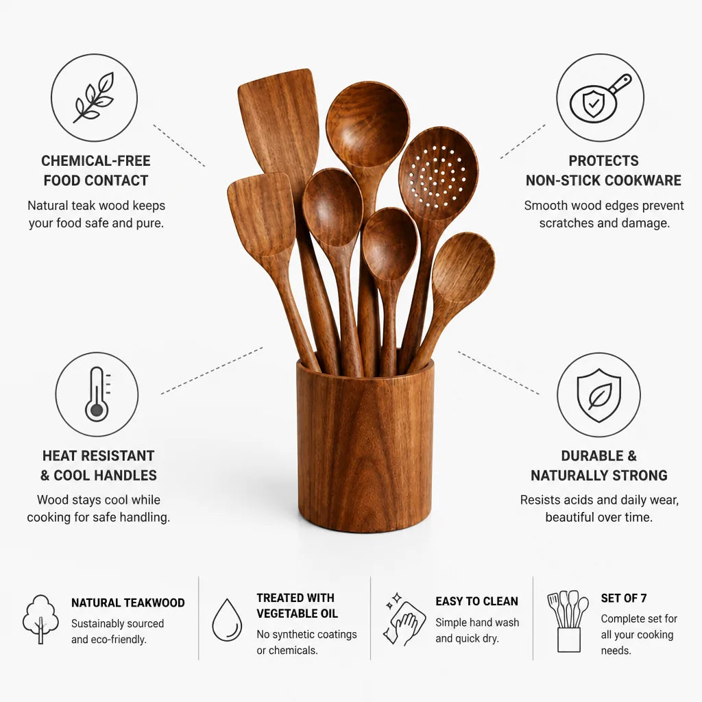 Kitchen Utensil Set Teak Wood Heat-Resistant Non-Scratch Set of 7