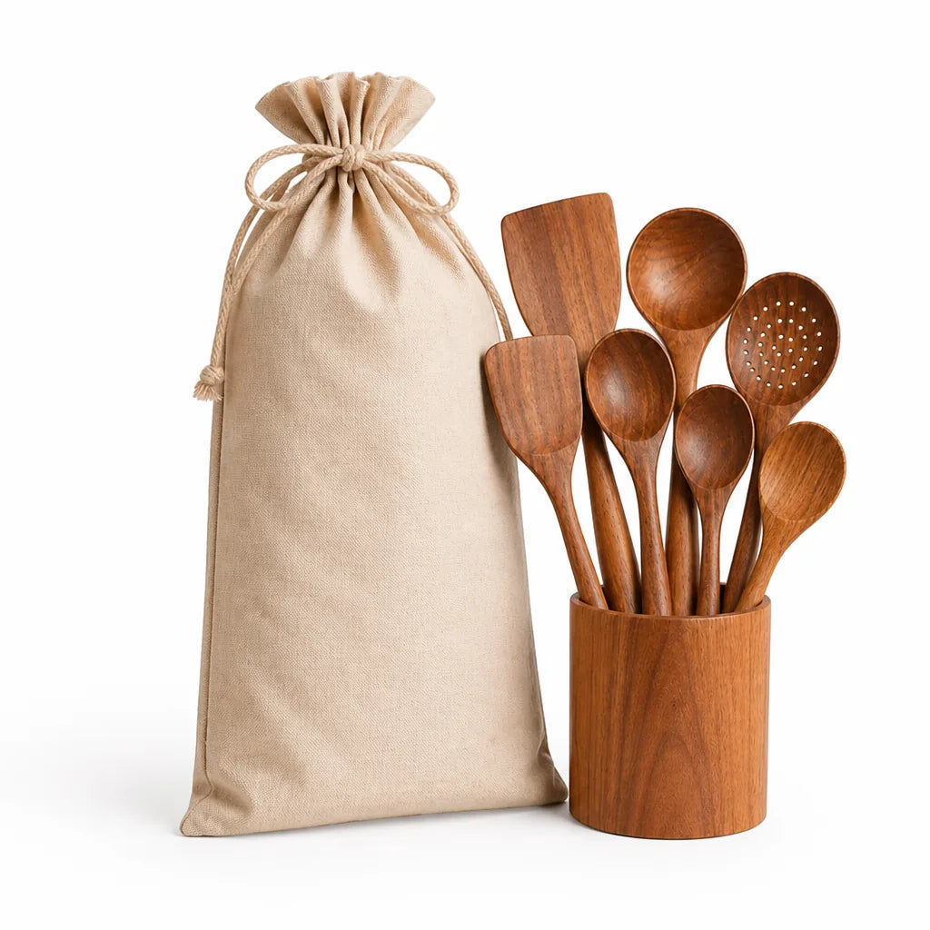 Kitchen Utensil Set Teak Wood Heat-Resistant Non-Scratch Set of 7
