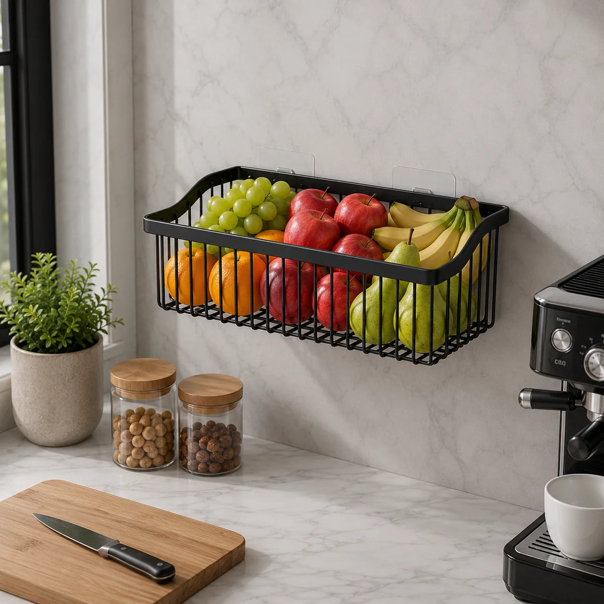 Kitchen Wall Basket Drill-Free Adhesive Carbon Steel Space-Saving