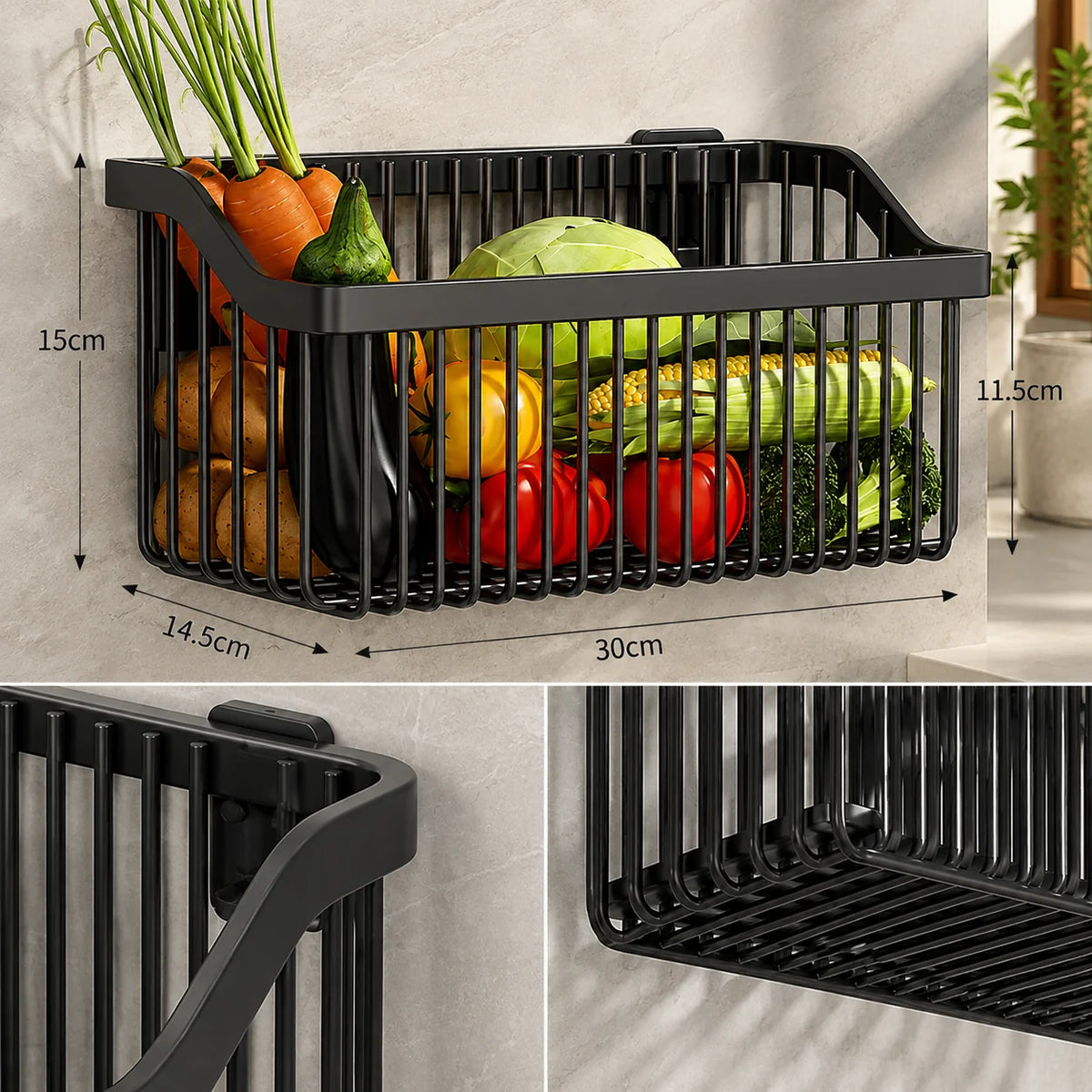 Kitchen Wall Basket Drill-Free Adhesive Carbon Steel Space-Saving