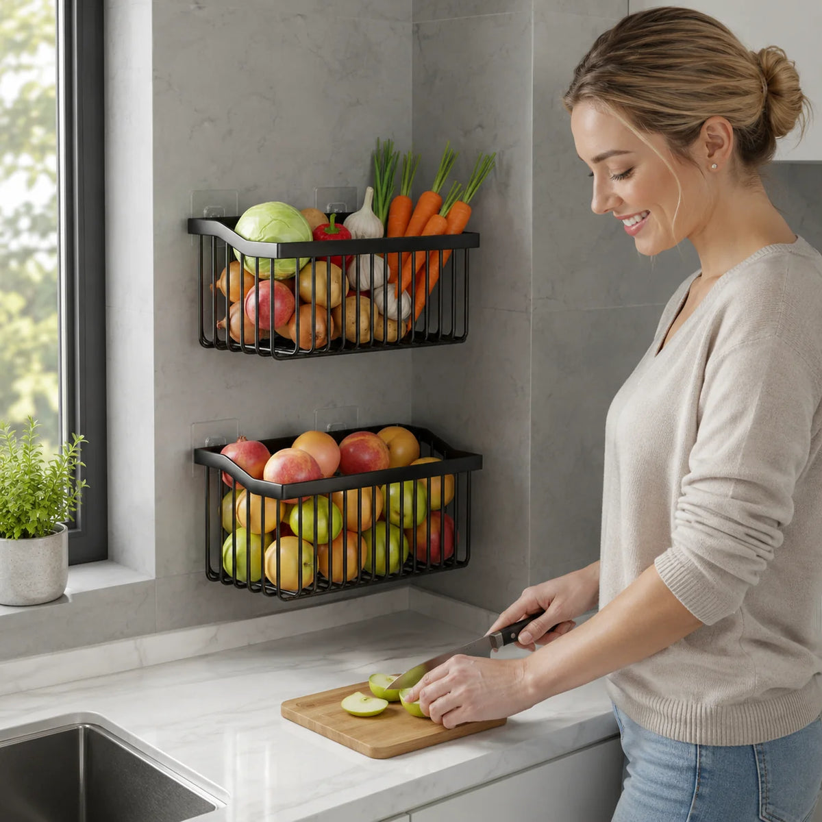 Kitchen Wall Basket Drill-Free Adhesive Carbon Steel Space-Saving