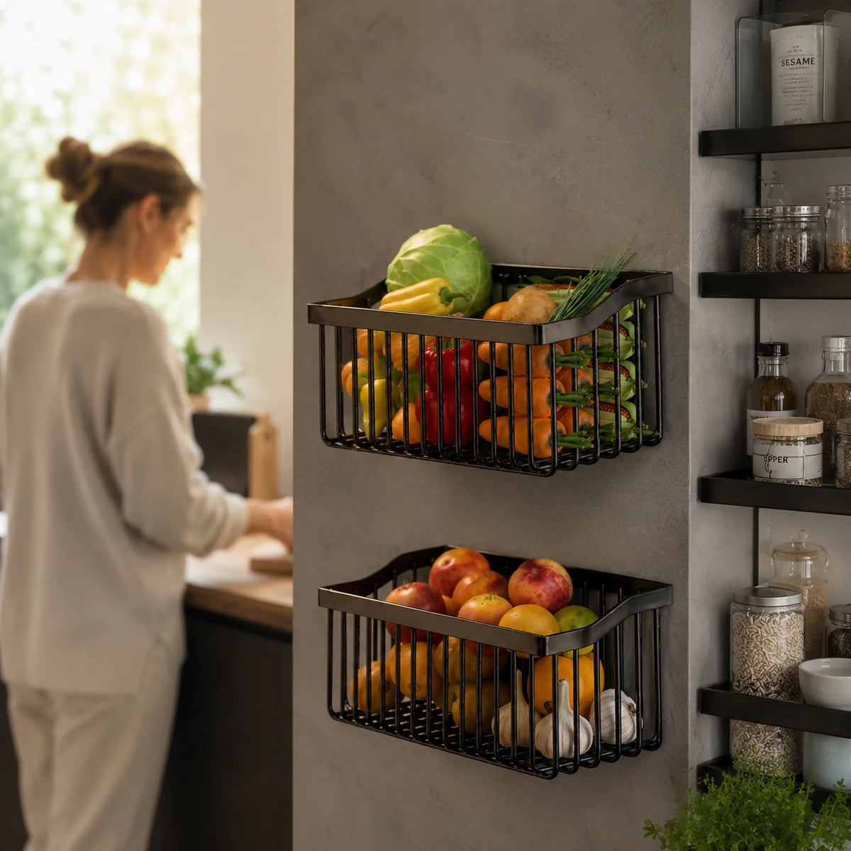 Kitchen Wall Basket Drill-Free Adhesive Carbon Steel Space-Saving
