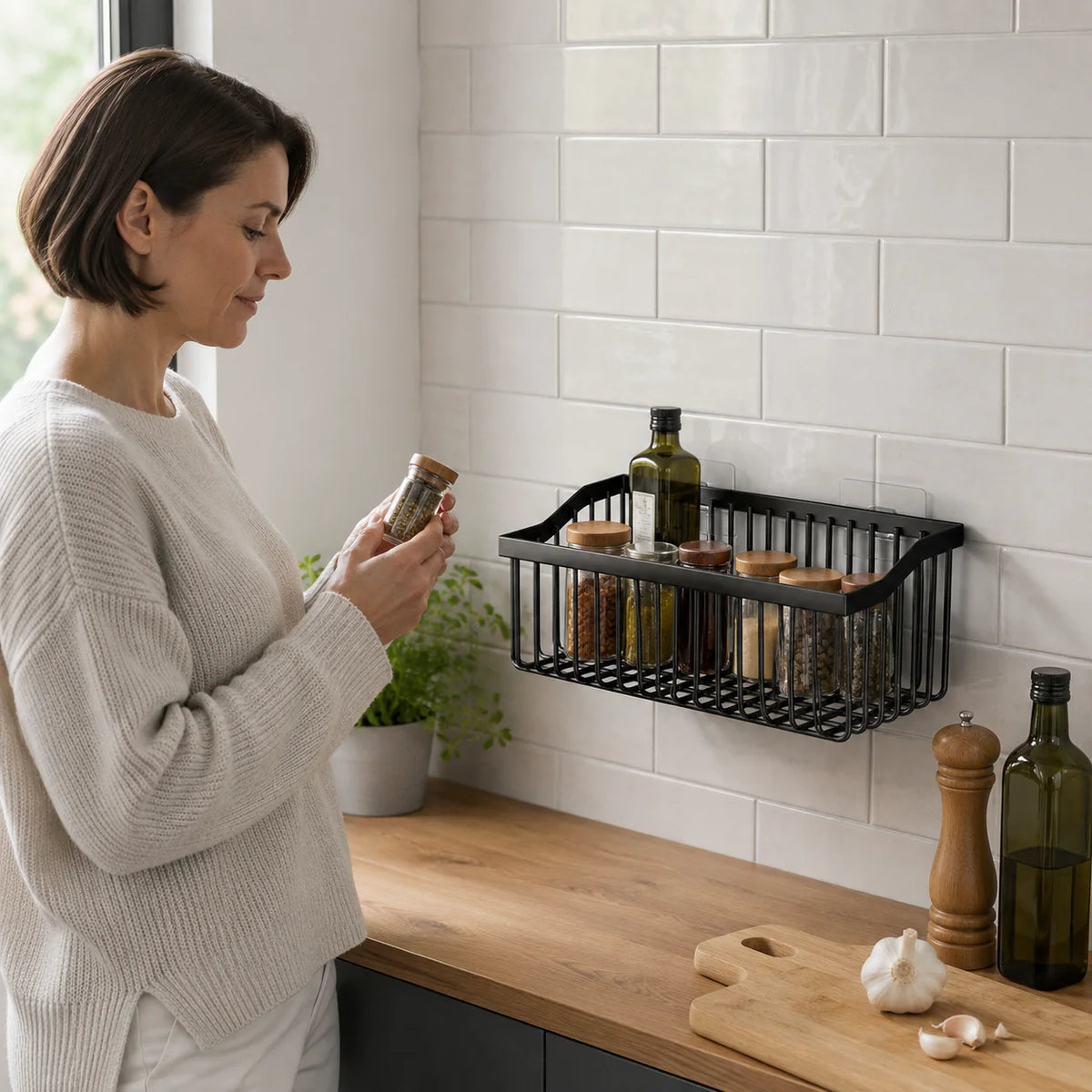 Kitchen Wall Basket Drill-Free Adhesive Carbon Steel Space-Saving