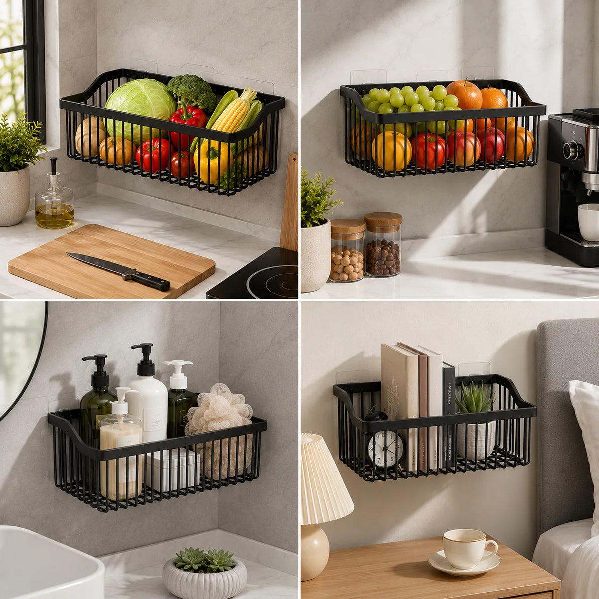 Kitchen Wall Basket Drill-Free Adhesive Carbon Steel Space-Saving
