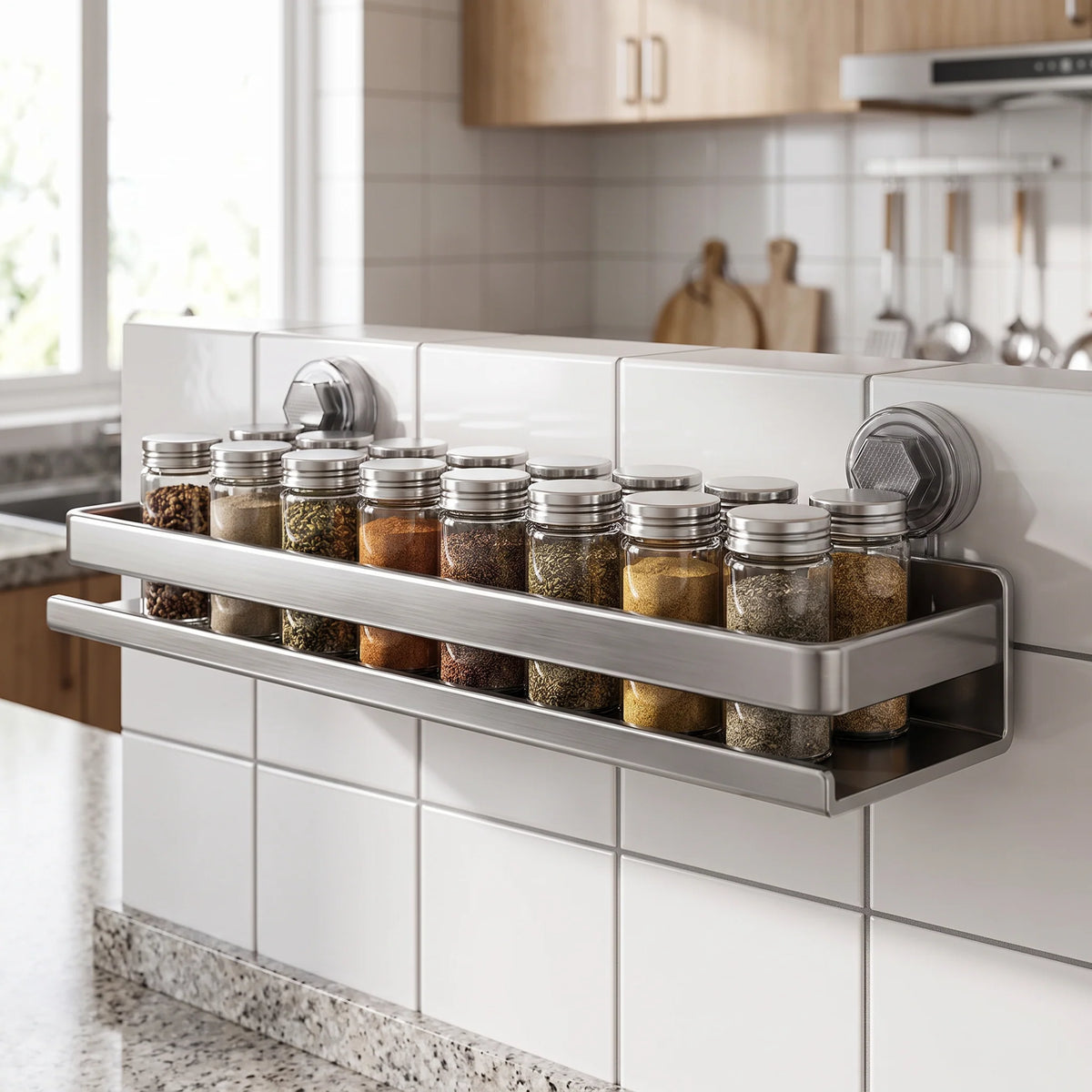 Kitchen Wall Shelf Stainless Steel No-Drill Suction Cup Mount