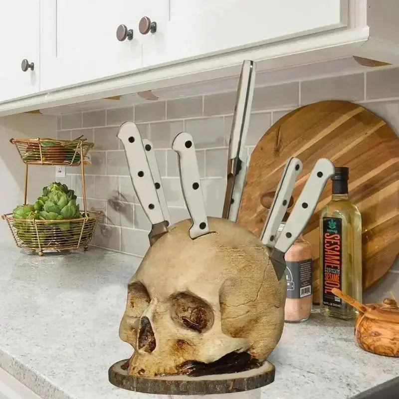 Knife Holder Skull Design Hand-Painted Resin Holds Seven Knives