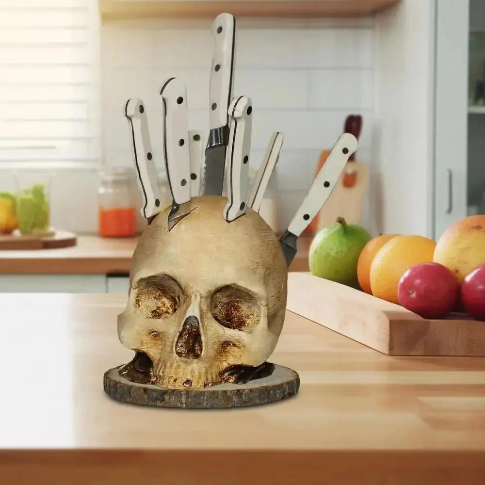 Knife Holder Skull Design Hand-Painted Resin Holds Seven Knives