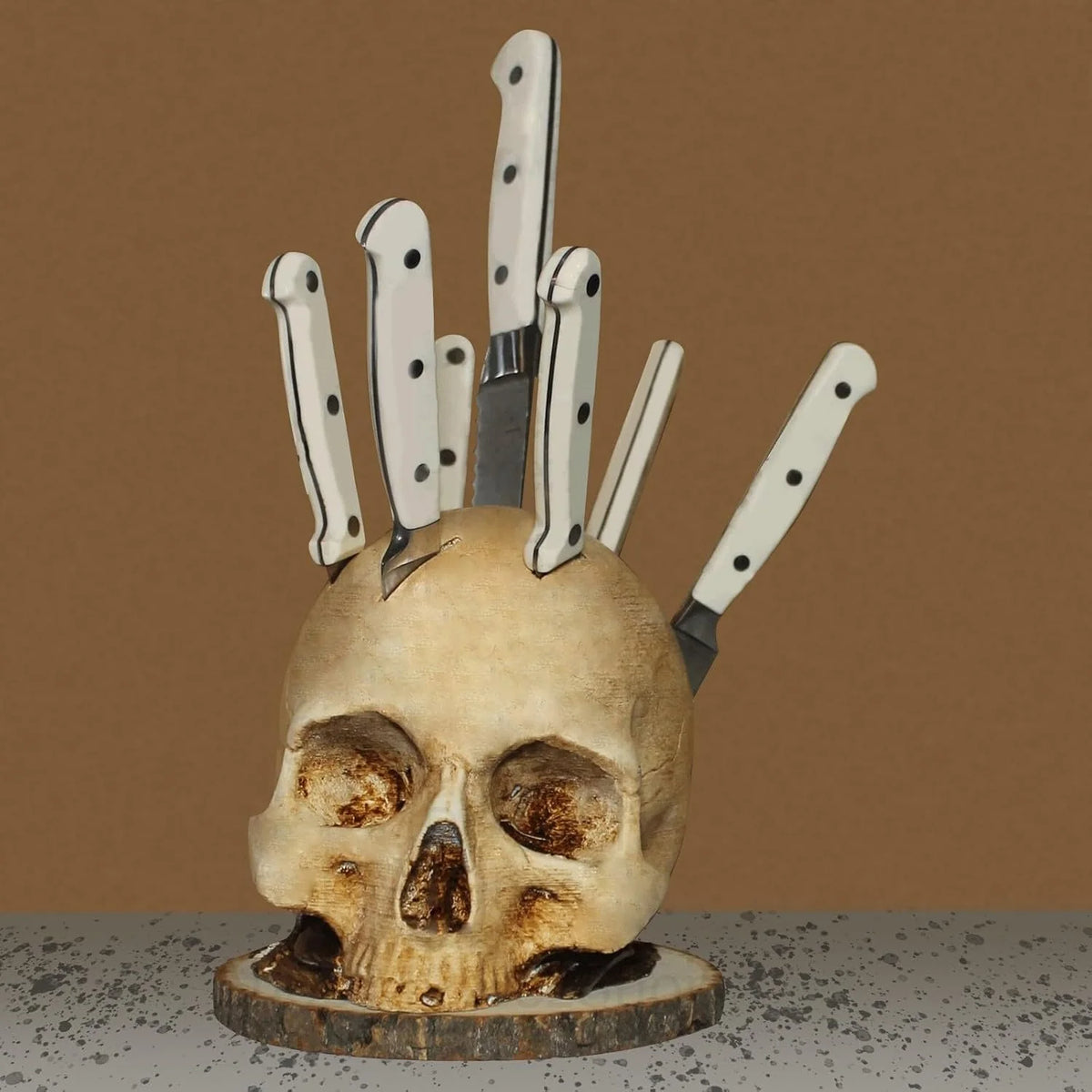 Knife Holder Skull Design Hand-Painted Resin Holds Seven Knives