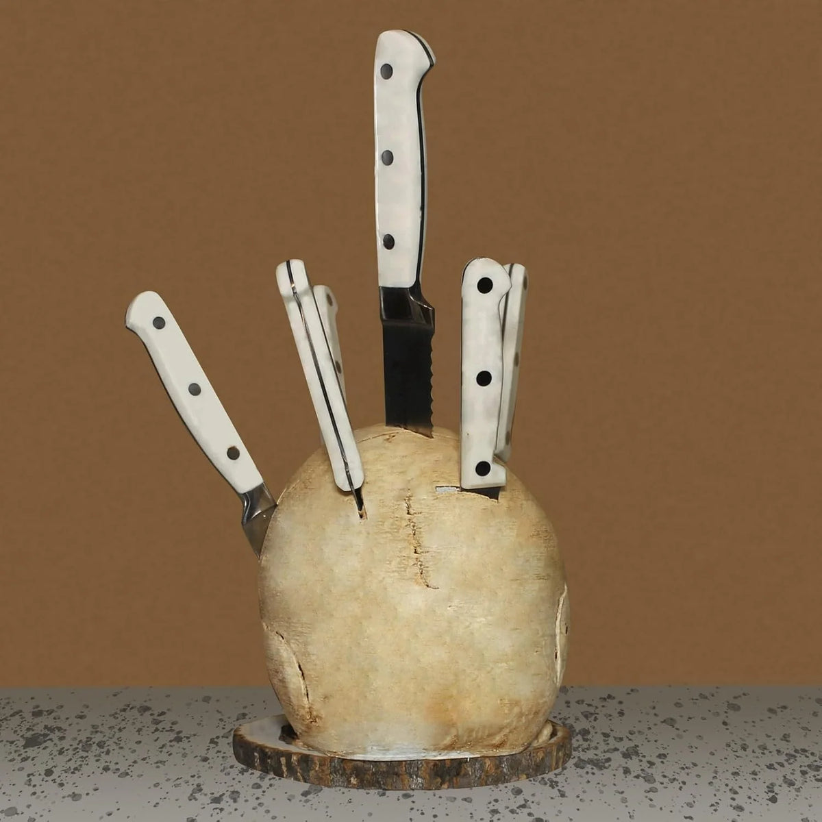 Knife Holder Skull Design Hand-Painted Resin Holds Seven Knives