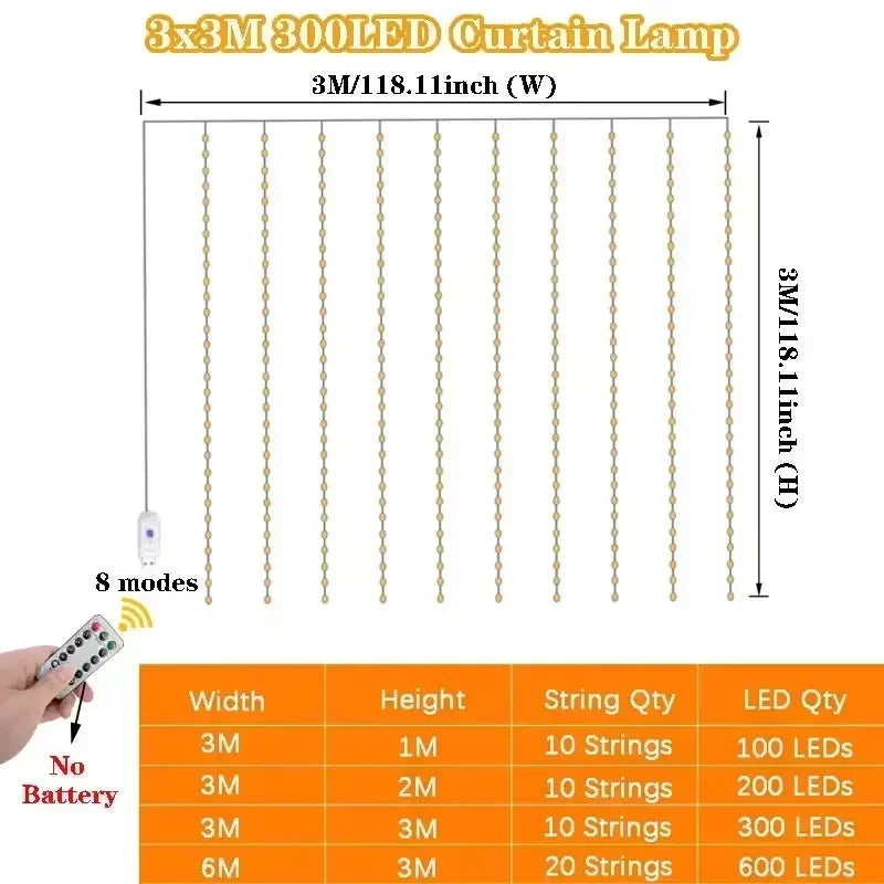 LED Curtain Lights 8 Light Modes USB Type-C Powered