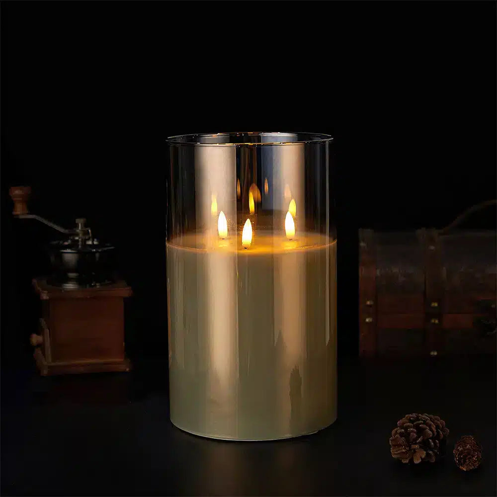LED Pillar Candle Paraffin Wax Triple Flickering Flames Cordless