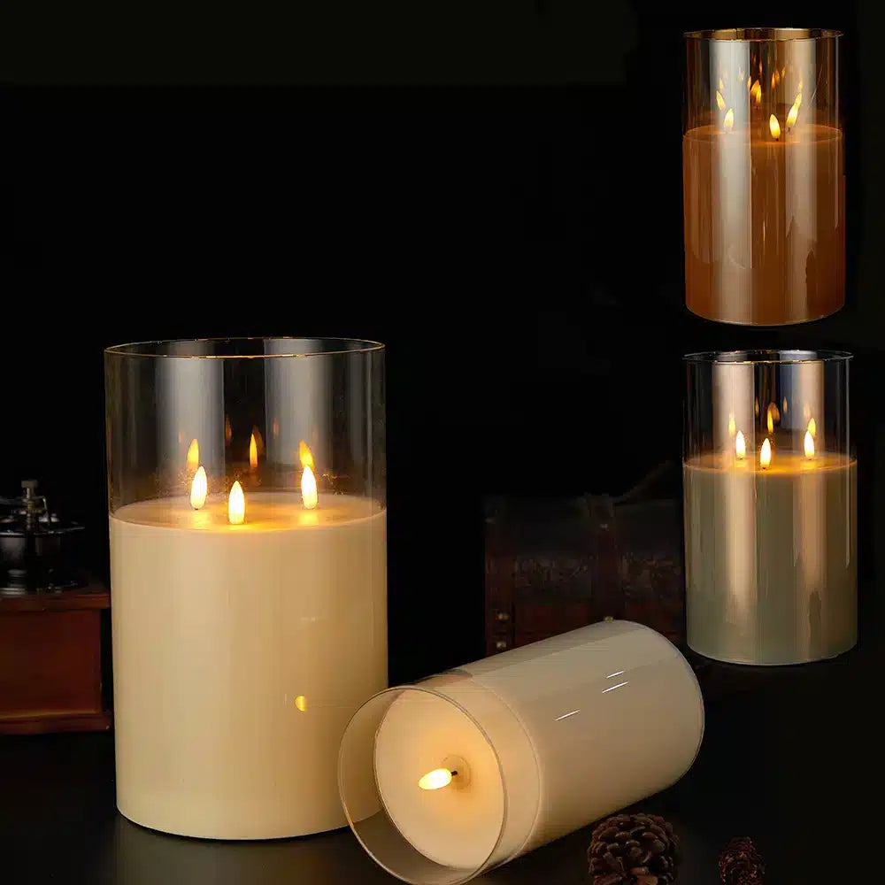 LED Pillar Candle Paraffin Wax Triple Flickering Flames Cordless