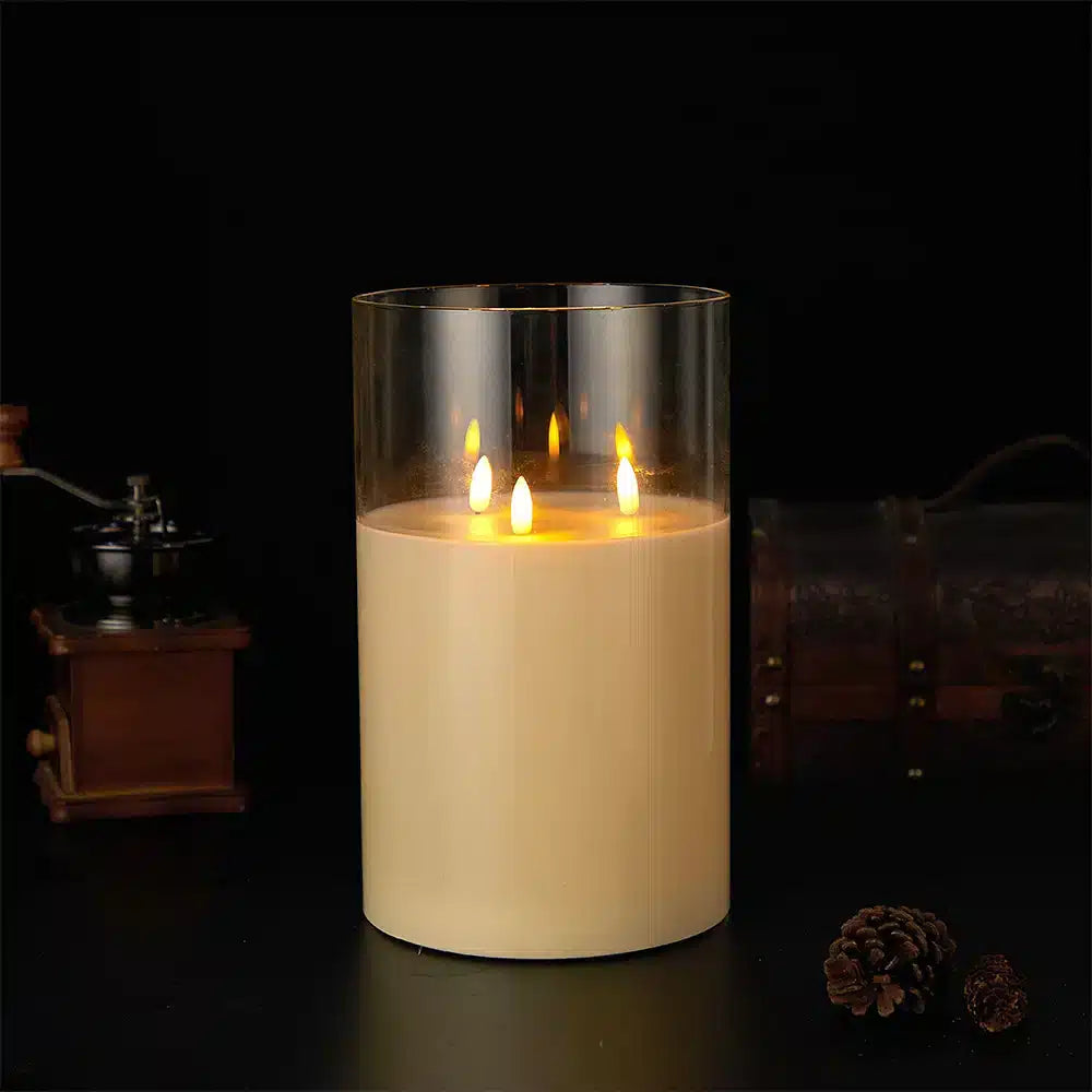 LED Pillar Candle Paraffin Wax Triple Flickering Flames Cordless