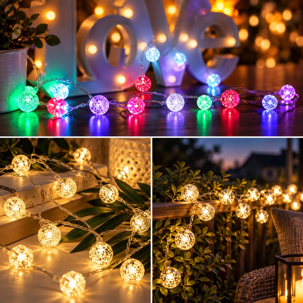 LED String Lights Warm White Crystal Balls Battery Operated