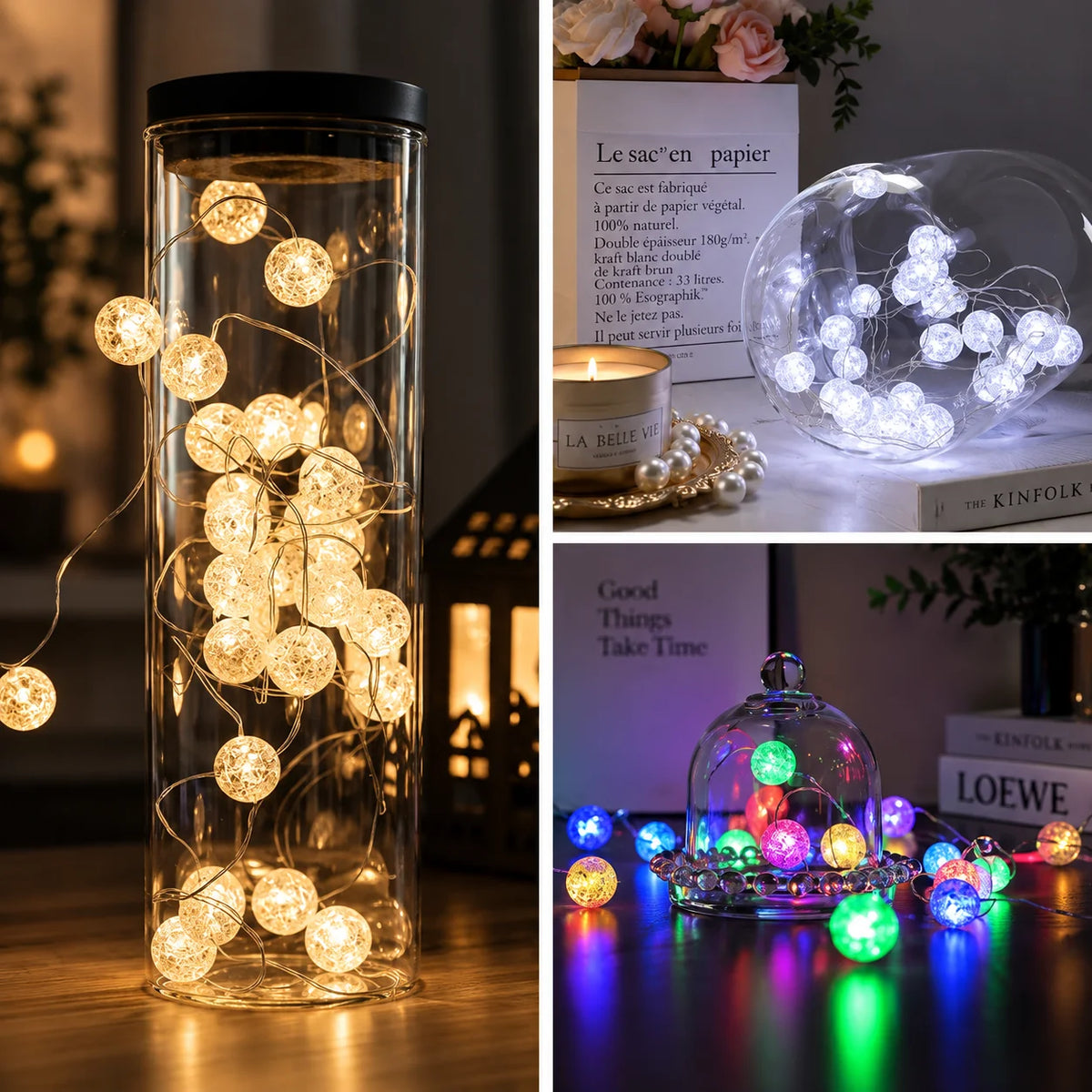 LED String Lights Warm White Crystal Balls Battery Operated