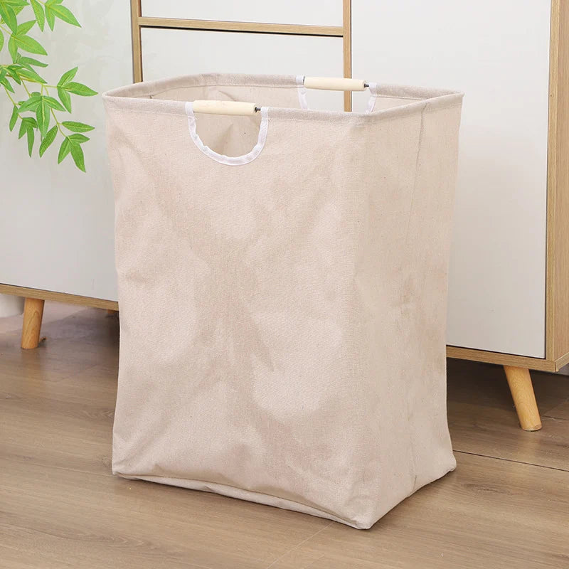 Laundry Basket Foldable Cotton-Linen Wooden Handles
