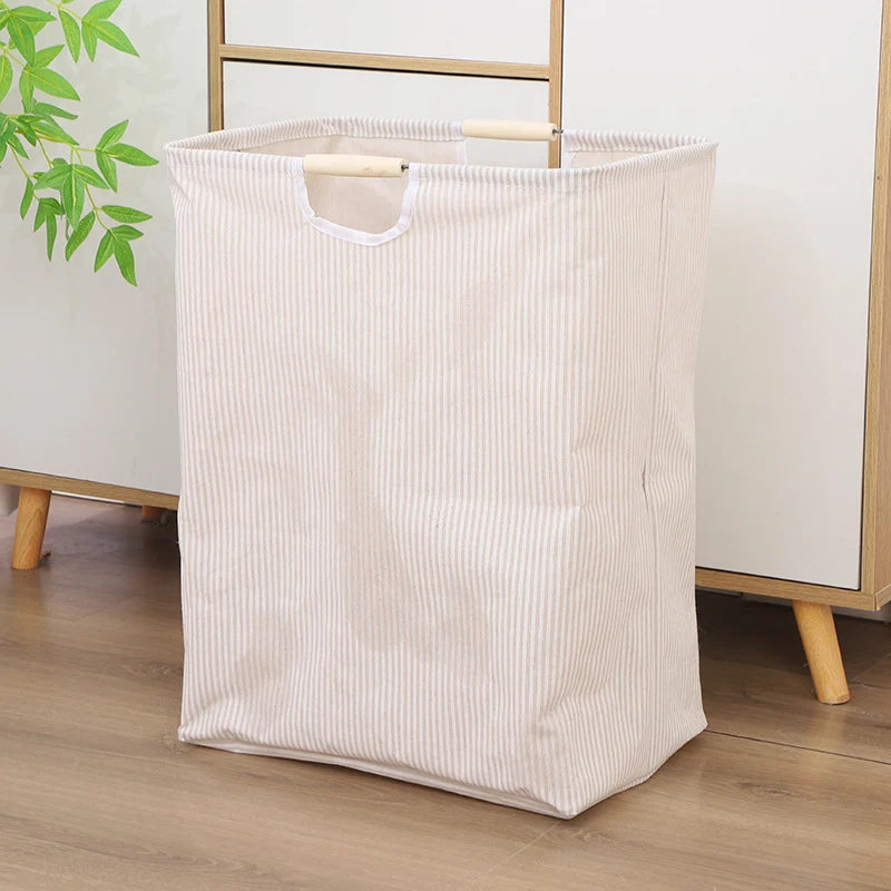 Laundry Basket Foldable Cotton-Linen Wooden Handles