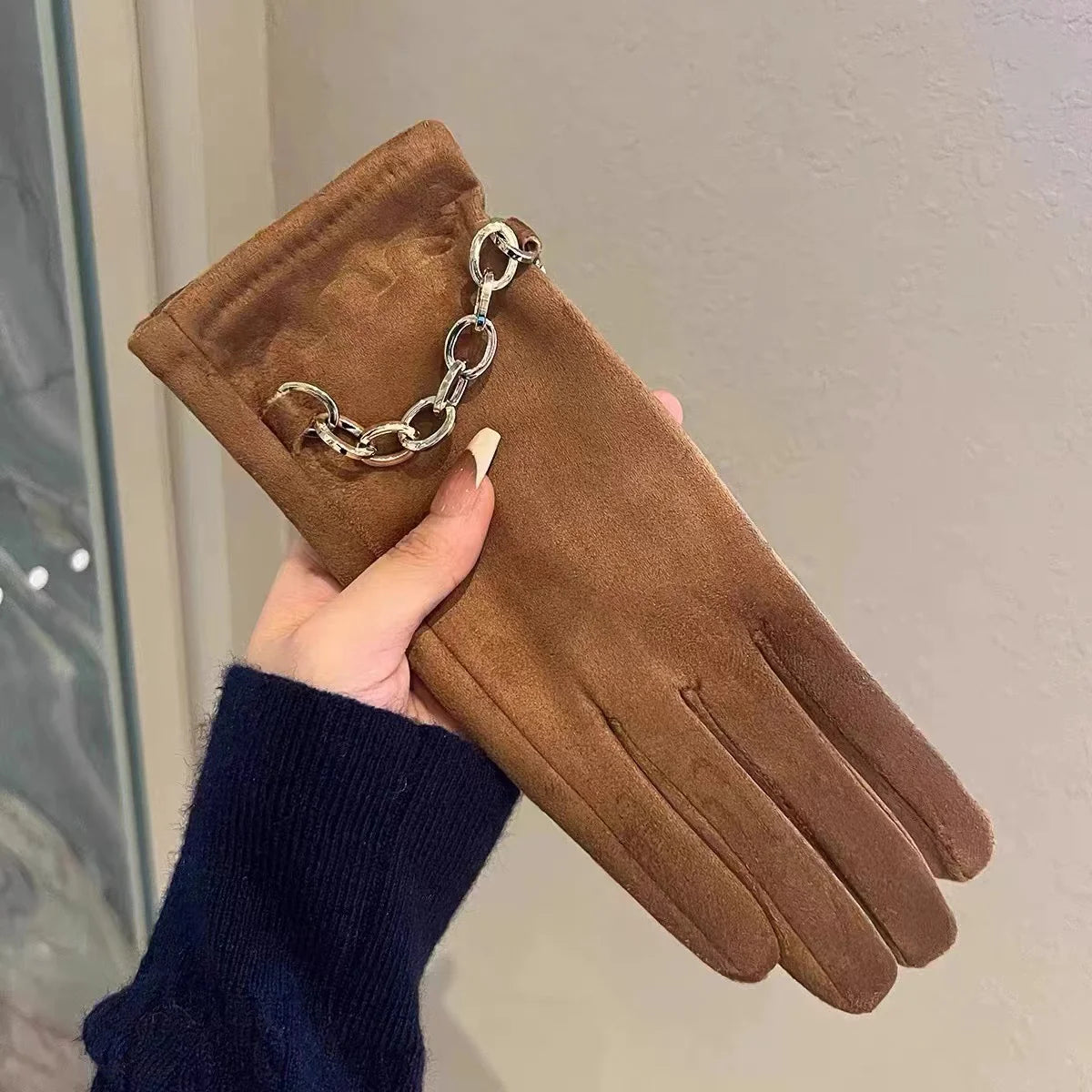 Leather Gloves Touchscreen Compatible Buckle Detail One Size Fits All